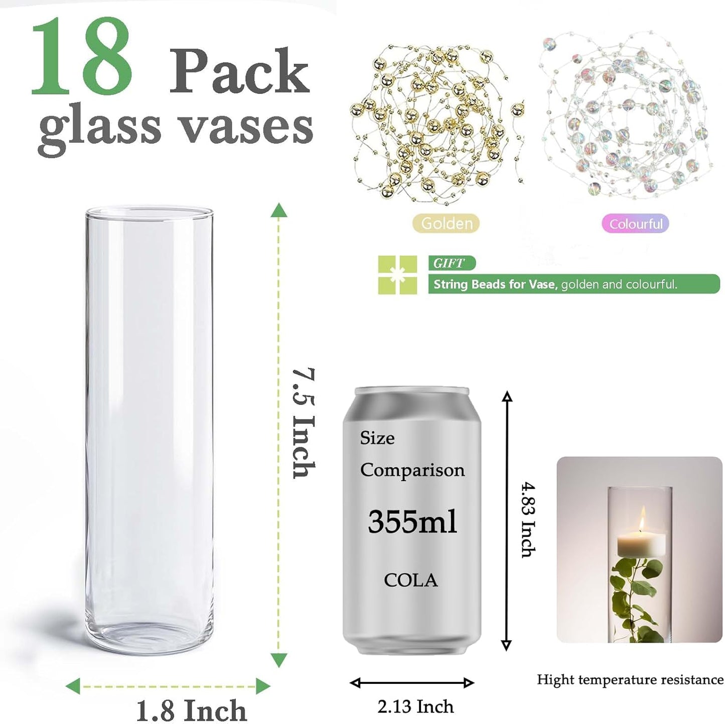 18pcs Glass Vase Cylinder Vases for Centerpieces Small Flower Glass Clear Vases Home Decor Centerpiece Table Flower Vase Decorations for Office Beautification＆Holiday 7.5 Inch Tall