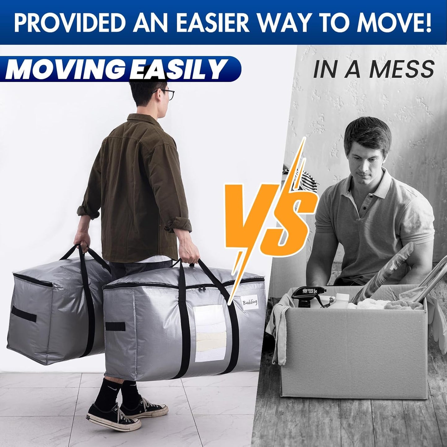 TAILI Extra Large Moving Bags, 6 Pack Silver Heavy Duty Totes For Storage with Visible Window, Wrap Around Handles, Storage Bags for Space Saving, Alternative to Moving Boxes