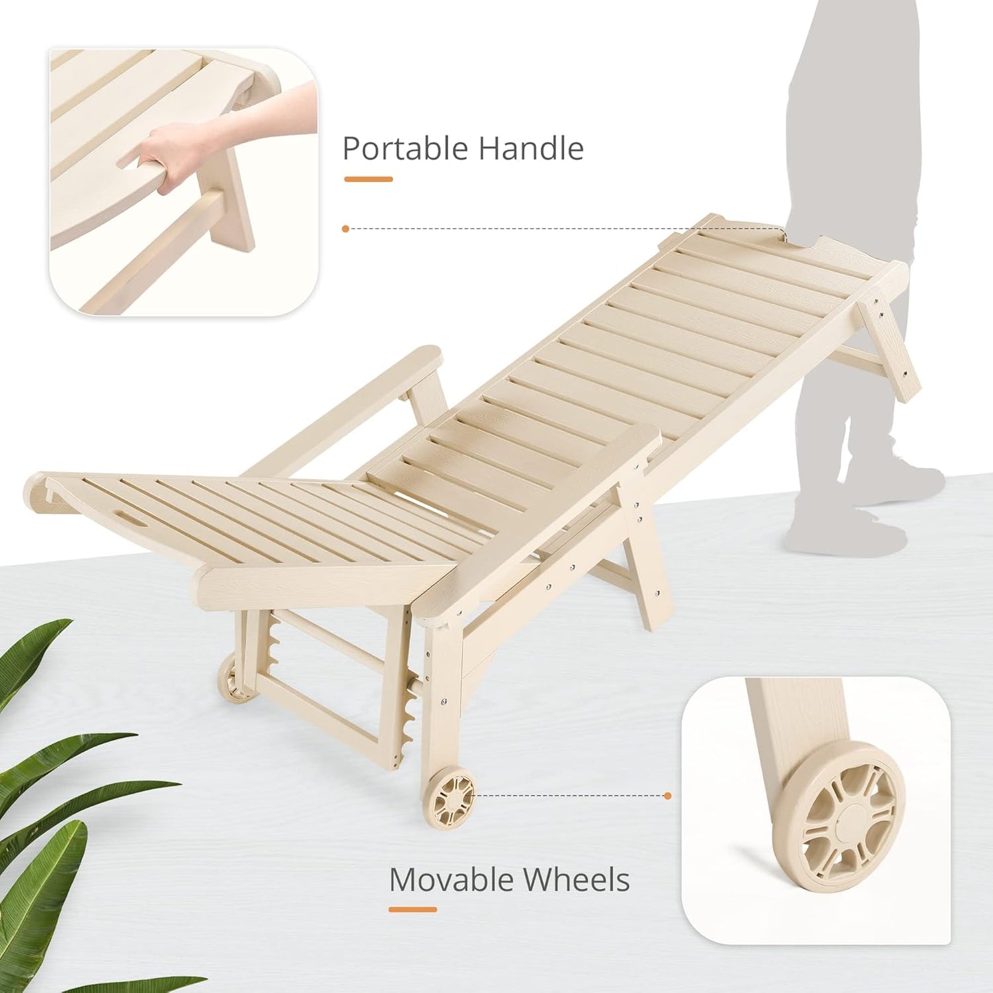 LUE BONA Outdoor Chaise Lounge Chairs Set of 4, 79'' Oversized HDPS Chaise Lounger, 5 Positions Adjustable Lounge Chairs, Pool Lounge Chair with Wheels for Poolside, 3 Year Warranty, Sand