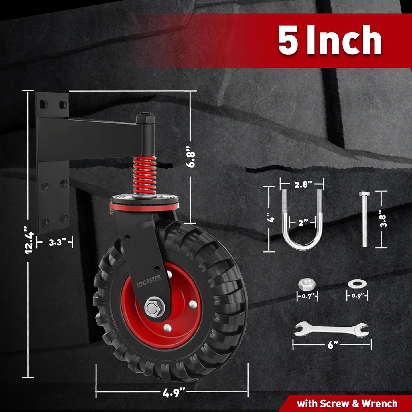 Heavy Duty Gate Wheel, 5" Double-Welded,400lb Capacity for Metal Tube & Wooden Gates, 360° Swivel Spring-Loaded Caster with 2 Installation Kits