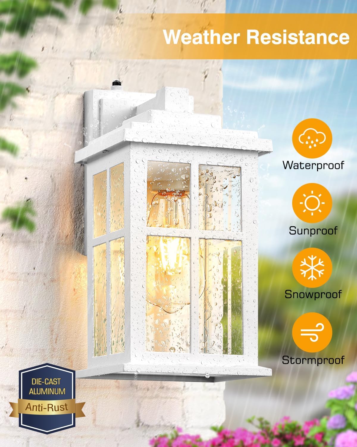 White Outdoor Wall Lights, Dusk to Dawn Exterior Lighting Fixtures, Waterproof Outside Lights for House, Garage, Garden, Entryway, Doorway, Anti-Rust, Modern Style, Tempered Glass