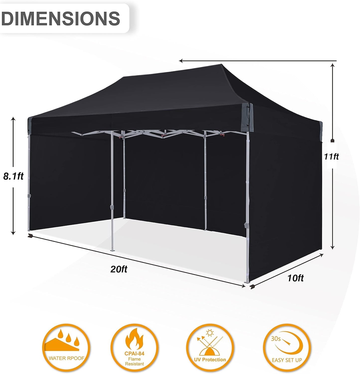 10x20 pop up Canopy, Eazy up Outdoor Patio Canopy Tent with sidewalls, Heavy Duty Commercial Instant Tent with Sand Bags for Deck, Party, Camping, Backyard, Playground, Black
