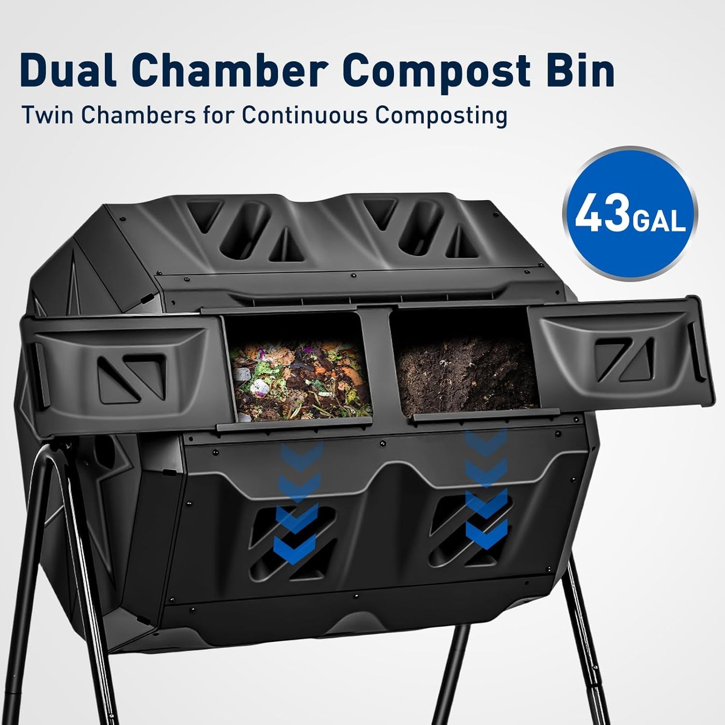 Yesker Dual Chamber Compost Bin Outdoor, 43 Gallon Rotating Tumbling Composter with Sliding Doors, Fast Assembly for Garden, Backyard & Kitchen Waste