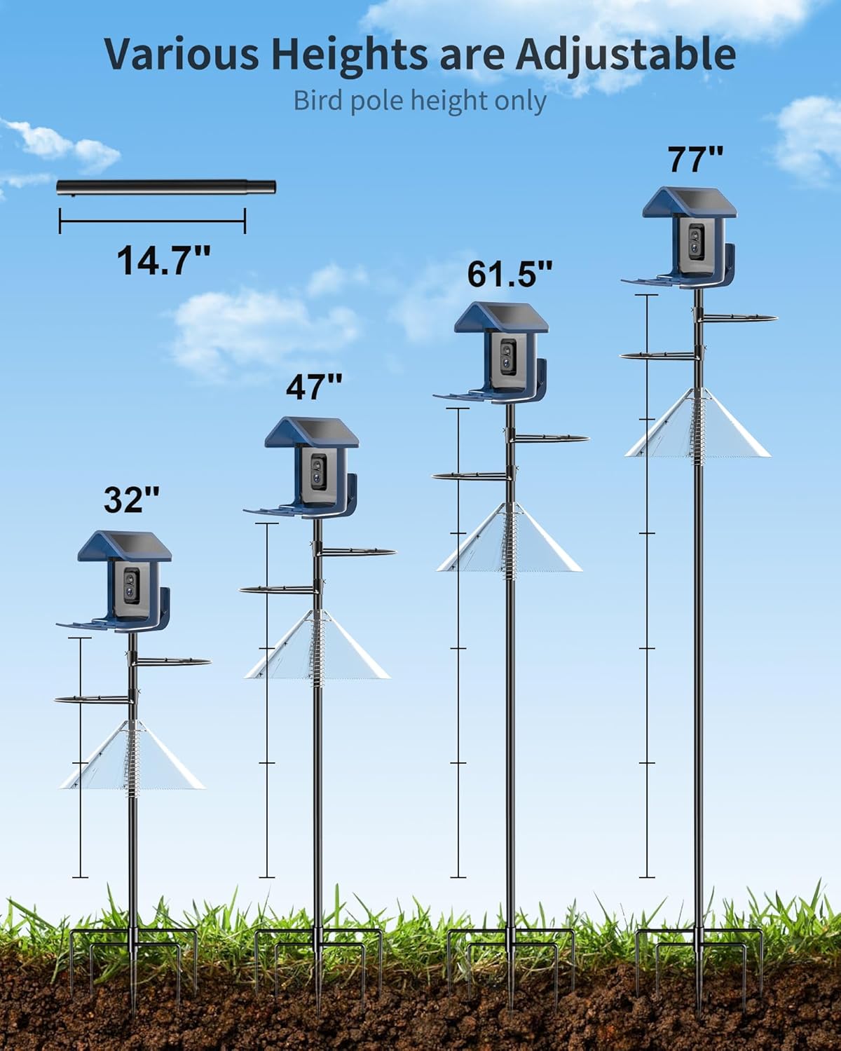 Bird Feeder Pole with Squirrel Baffle - 90 Inch Bird House Pole with Semicircular Hook for Outdoors, Squirrel Proof Baffle with Stainless Steel Spring for Better Defense, Slip-Fit Connection