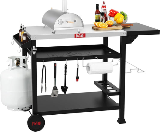 Outdoor Grill Cart, Pizza Oven Table Stand for Outdoor Indoor, 40" x 26" Stainless Steel Tabletop Dining BBQ Grill with Wheels for Food Prep, 3-Shelf Kitchen Cart Table