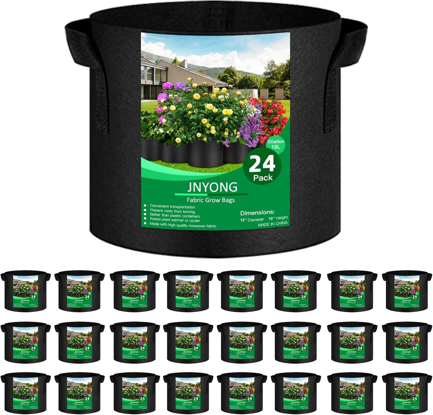 24-Pack 5 Gallon Thickened Non-Woven Grow Bags, Aeration Fabric Pots with Handles