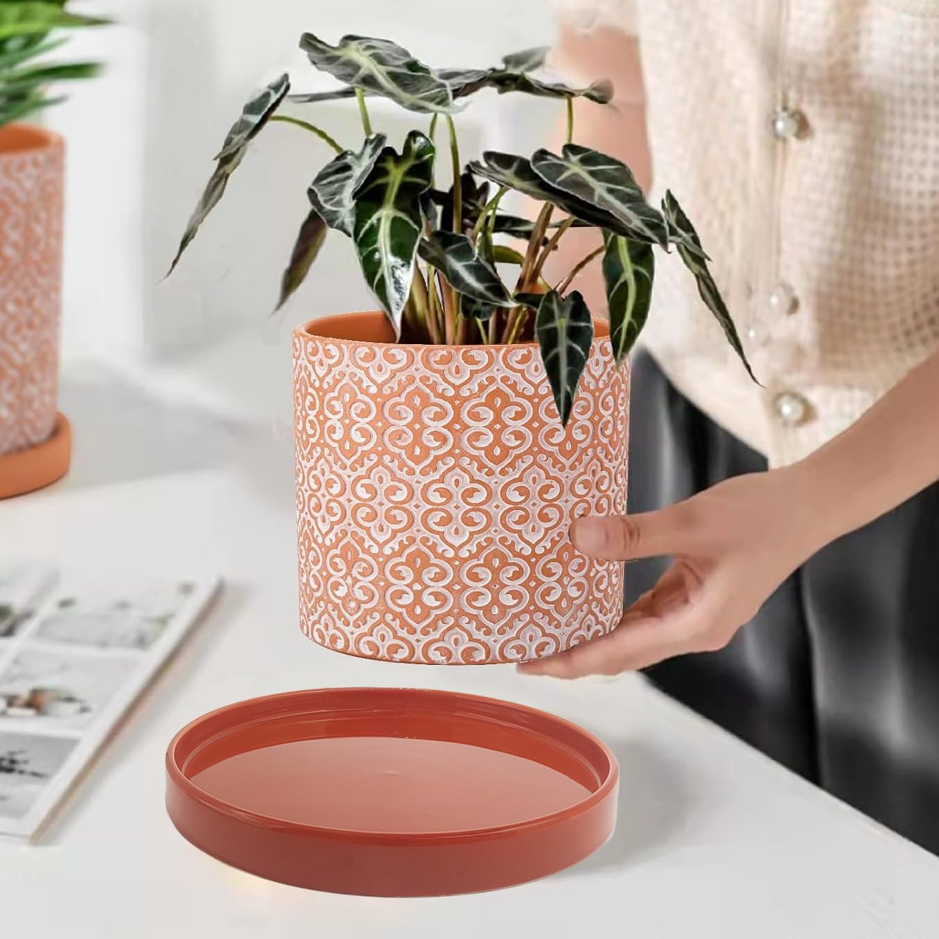 2 Pack Ceramic Plant Saucer Pot Tray 8.5 Inch, Planter Saucers 6 7 8 9 10 11 12 15 Inch, Durable Sturdy Flower Drainage drip Water Tray for Glazed Pots Base (8.5 Inch- Red Terracotta)