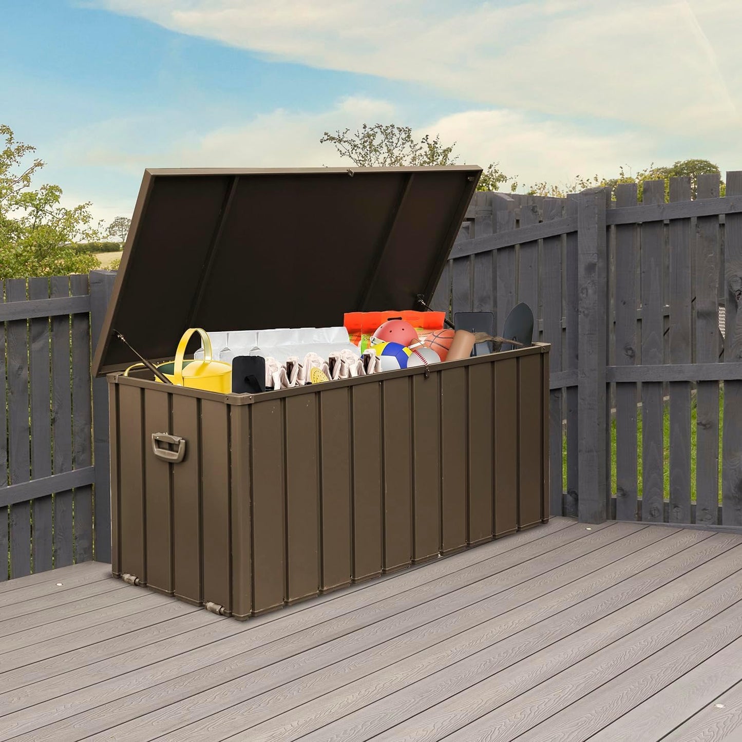 Domi Outdoor Storage Deck Box 120 Gallon, Waterproof Lockable Steel Outdoor Storage Container for Outside Cushions, Garden Tools and Pools Equipment, (Brown)