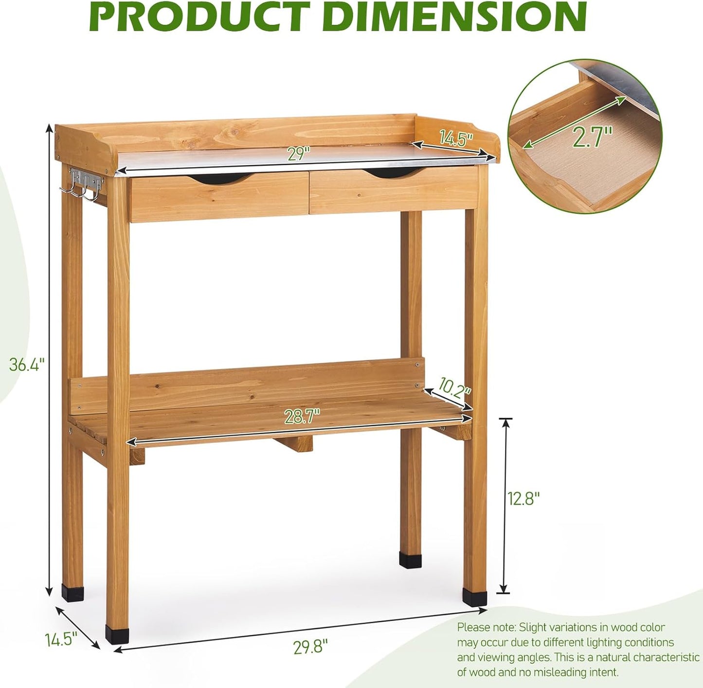 Outdoor Potting Bench Garden Work Station, Solid Wood Planting Table w/Sink Drawer Shelves,Metal Top, Folding Patio Furniture for Porch Balcony (29.8 x 14.6 x 36.4(Fir Wood Color))