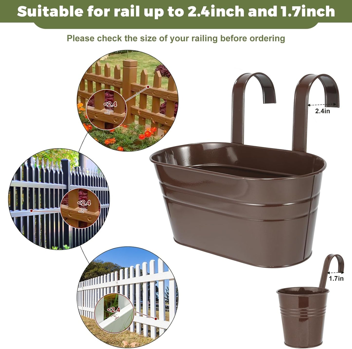 3 Different Size Metal Iron Hanging Flower Pots 13 Pcs for Outdoor Plants Metal Hanging Bucket Pots Iron Railing Fence Planter with Drainage Holes and Hooks for Porch Railing Balcony Fence (Bronze)