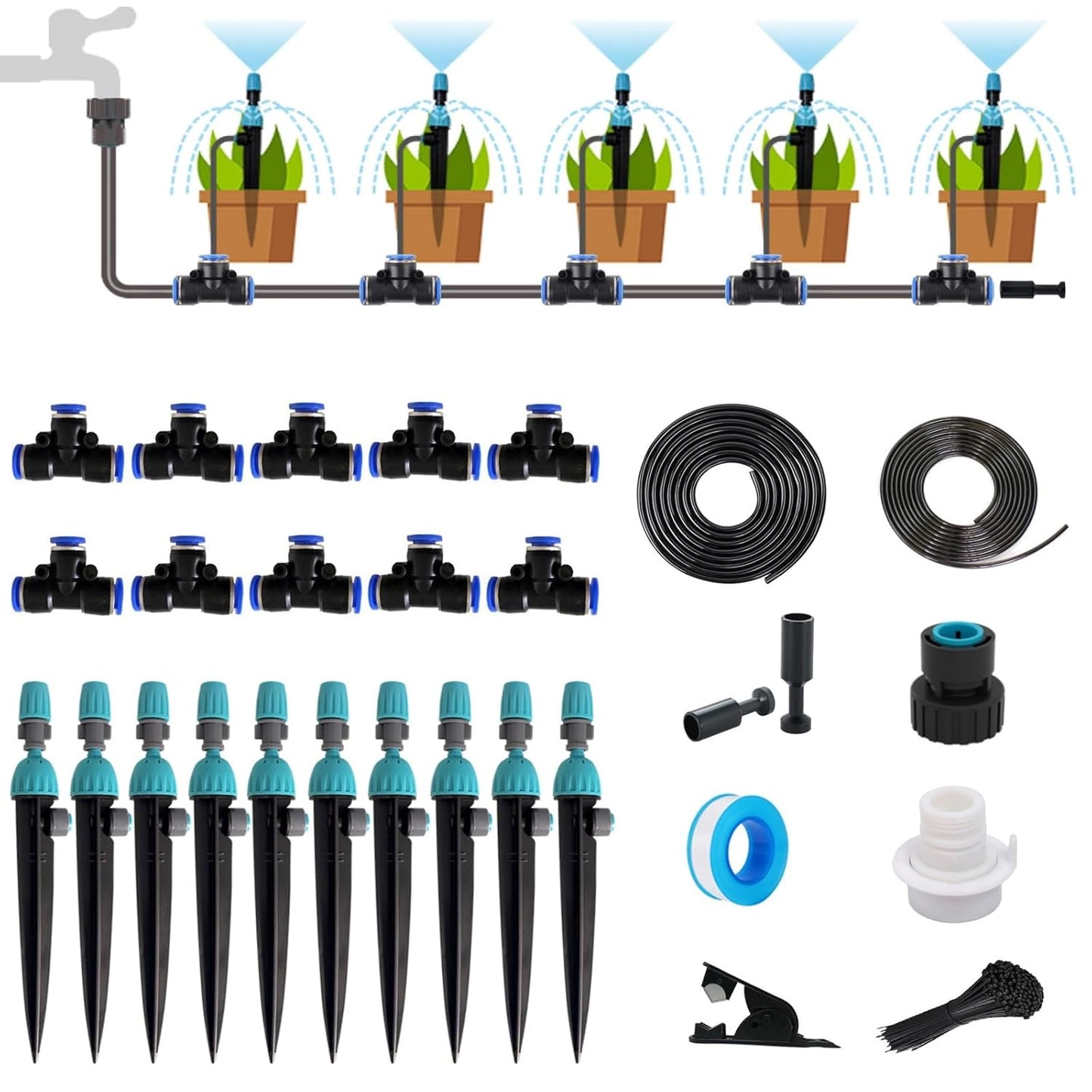 Drip Irrigation System,50FT Main Pipe and 16FT Branch Pipe,10 Adjustable Drippers with Piles, Quick Socket Connection.Plant Watering System of Garden Potted Elevated Garden Bed.(Dual-Purpose Nozzle)