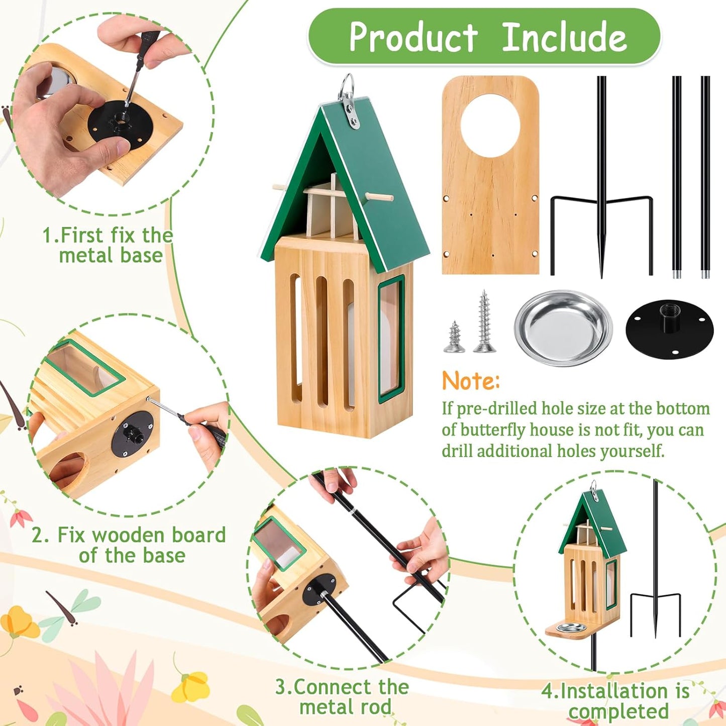 New Upgraded Butterfly House and Feeder for Outside - Wooden Butterfly House with Metal Stake for Garden Backyard, Natural Butterflies Habitat with Puddler on Floor or Hanging on Tree Wall