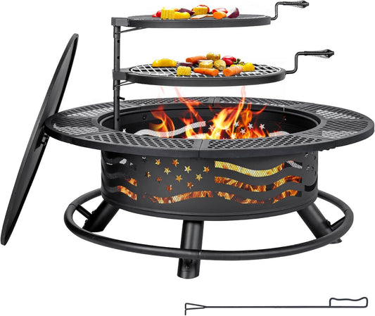 42 Inch Fire Pit with 2 Cooking Grates, Outdoor Wood Burning BBQ Grill Firepit Bowl with Cover Lid, Steel Round Table for Backyard Bonfire Patio Picnic (Black, 42)