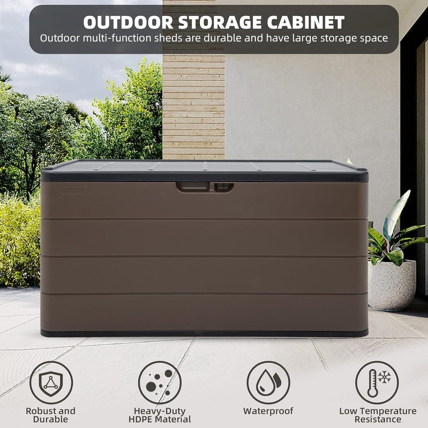 100 Gallon Plus Resin Deck Box, Waterproof Outdoor Storage Bin for Patio Furniture, Pool Accessories, and Garden Tools, Lockable & UV-Resistant, Brown