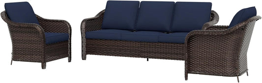 3 Piece Patio Wicker Conversation Set, All-Weather Use Outdoor Wicker Sofa with 2 PE Rattan Chair, Ideal for Porch, Backyard, Balcony, Poolside, Blue