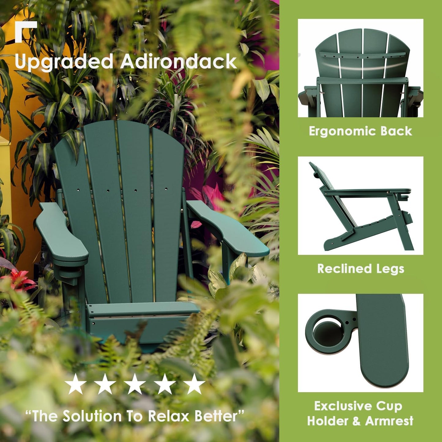 GREENVINES Folding-Adirondack-Chair | HDPE Plastic | Fire Pit Chairs | All Weather | Cup Holder | Forest | for Deck Backyard Patio Outdoor Garden