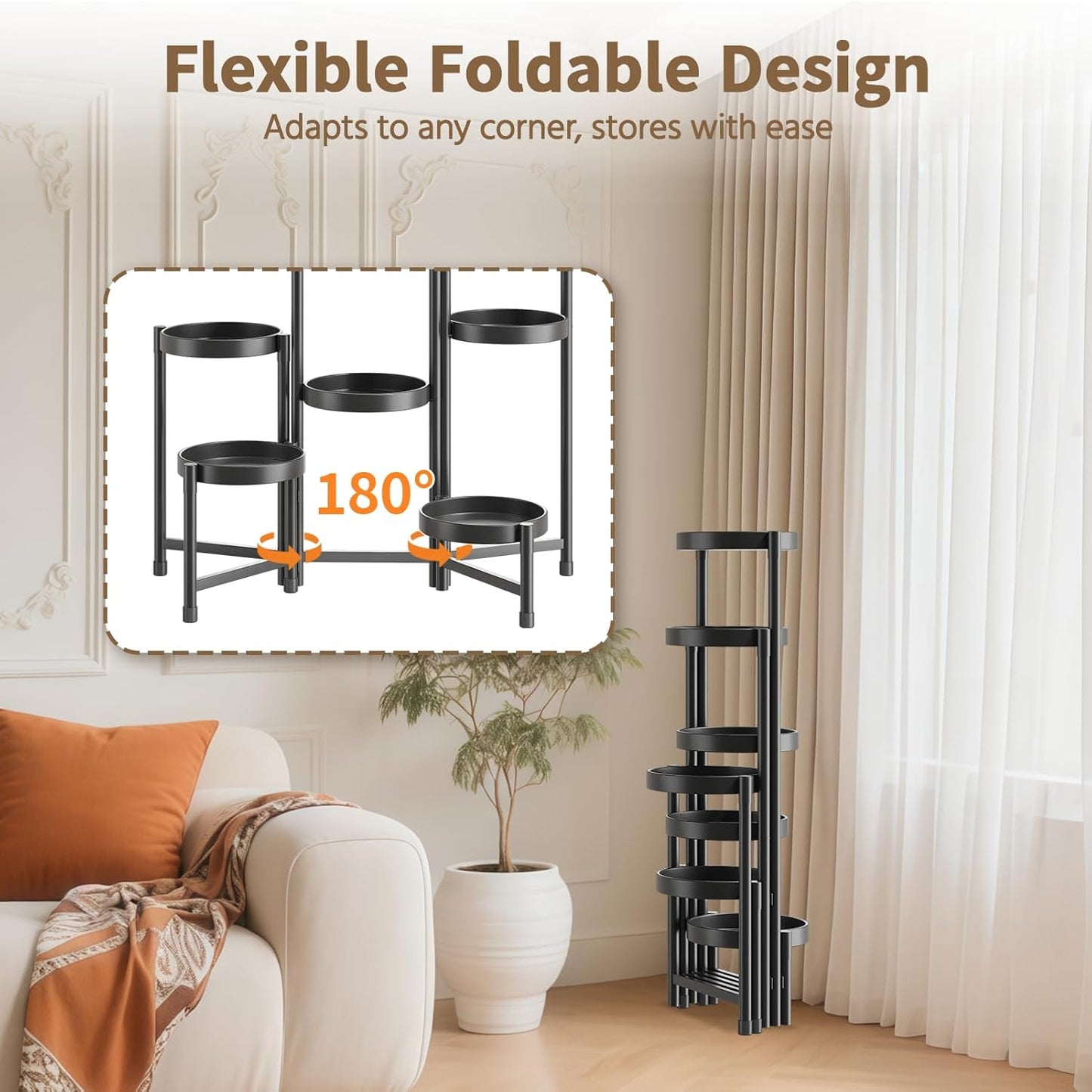 LASZOLA 7 Tiered Folding Plant Stand Indoor for Multiple Large Planter, Tall Heavy Duty Adjustable Rack with Rust Proof 10 Inch Wide Tray, Sturdy Vertical Tree Organizer for Narrow Inside Floor, Black