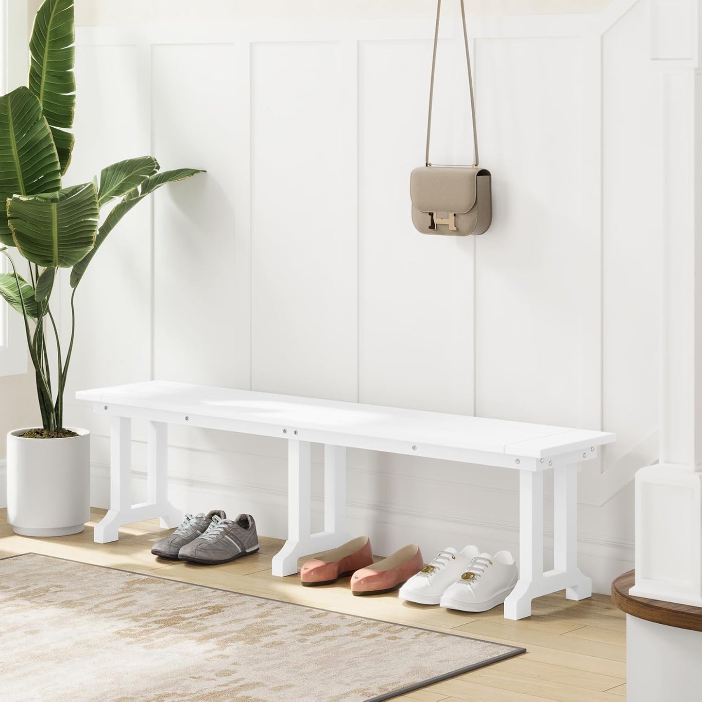 Outdoor Benches Weatherproof, Park Long Bench Poly Lumber Backless for Entryway Front Porch Garden Bench Seat for Patio, White