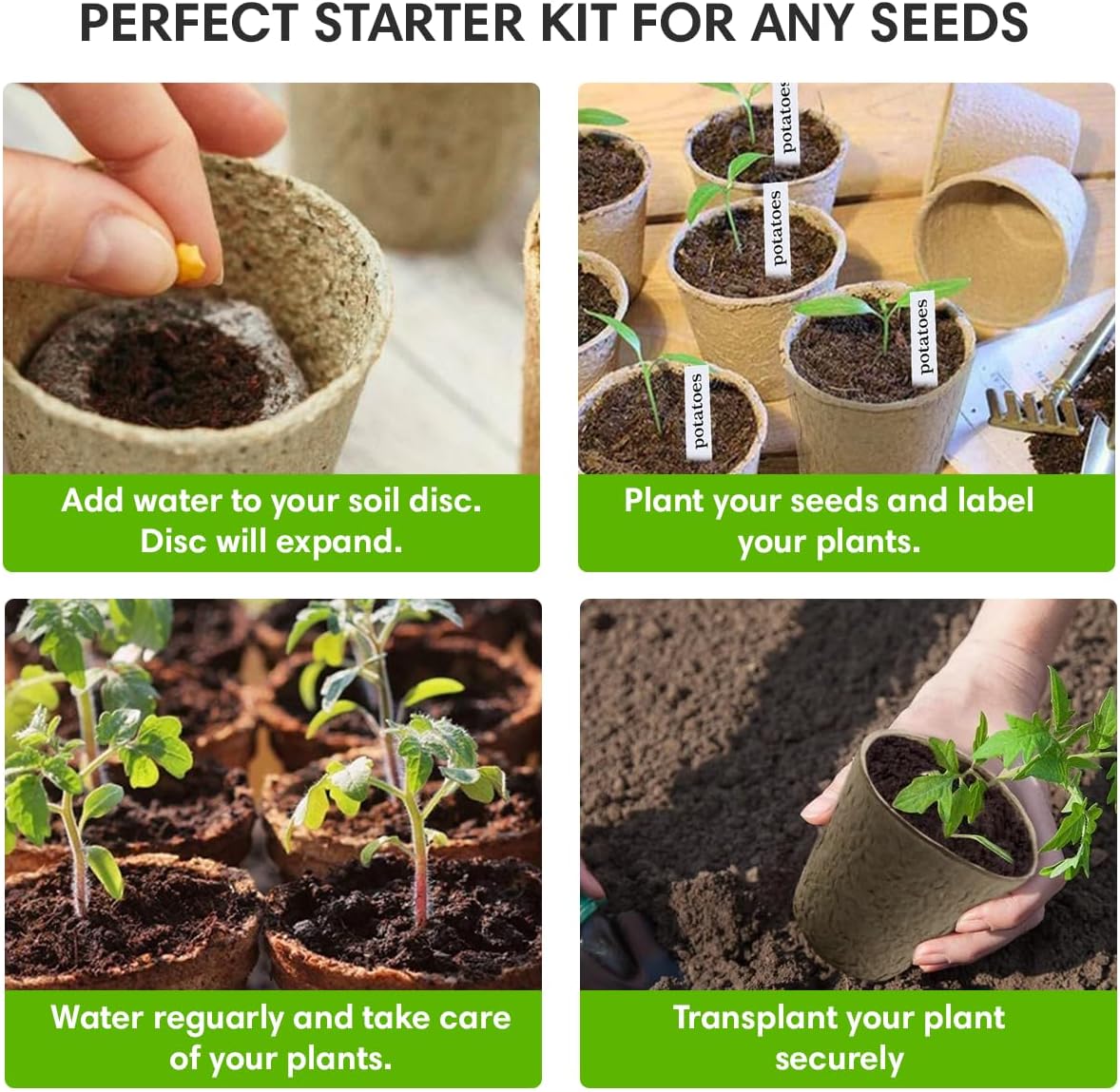 Seedling Starter Kit Germination Grow Cups and Soil (10 Pack) Biodegradable Peat Pots, Coco Coir Soil Discs, Plant Markers - Organic Grow Kit for Seed Germination, Indoor/Outdoor (1)