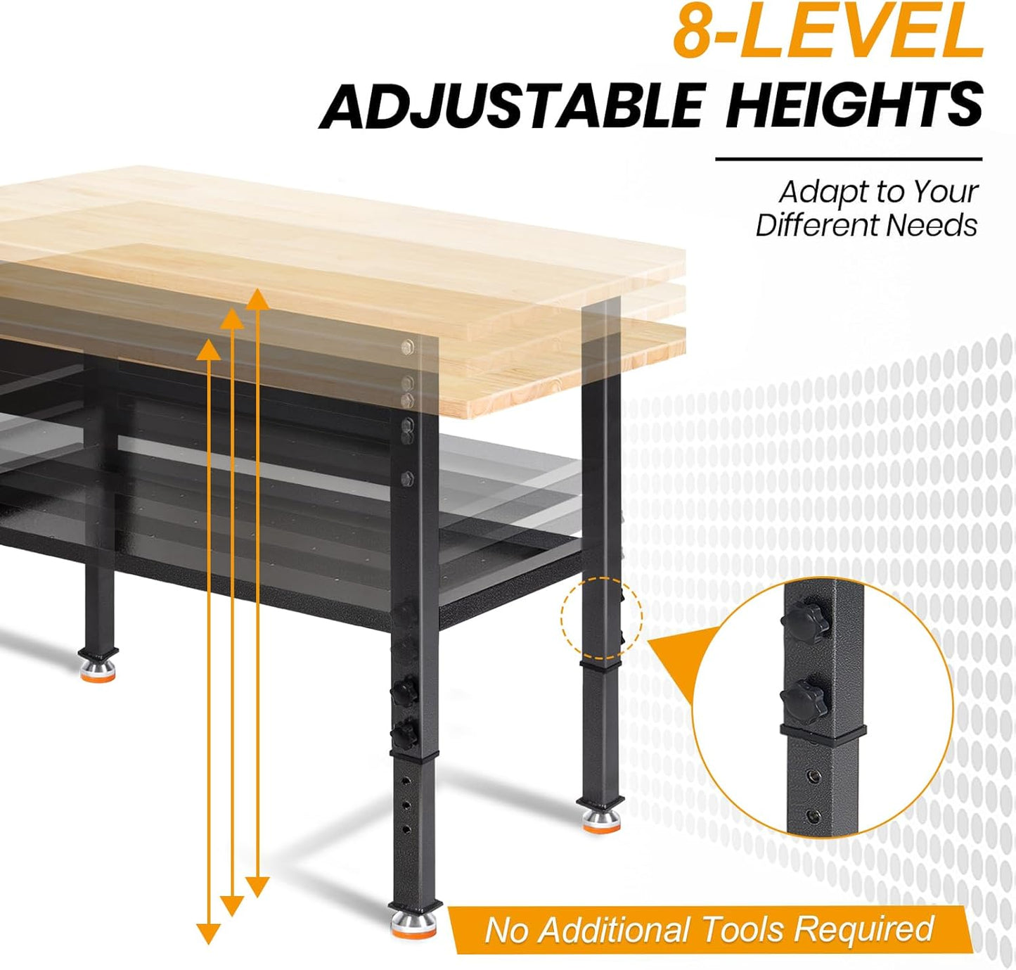48"/60'' Adjustable Workbench, Rubber Wood Work Bench Heavy-Duty with Partition,2000 LBS Load Capacity Hardwood Work Table for Garage, Workshop, Home, Office, Easy Assembly (w/partition,48'')
