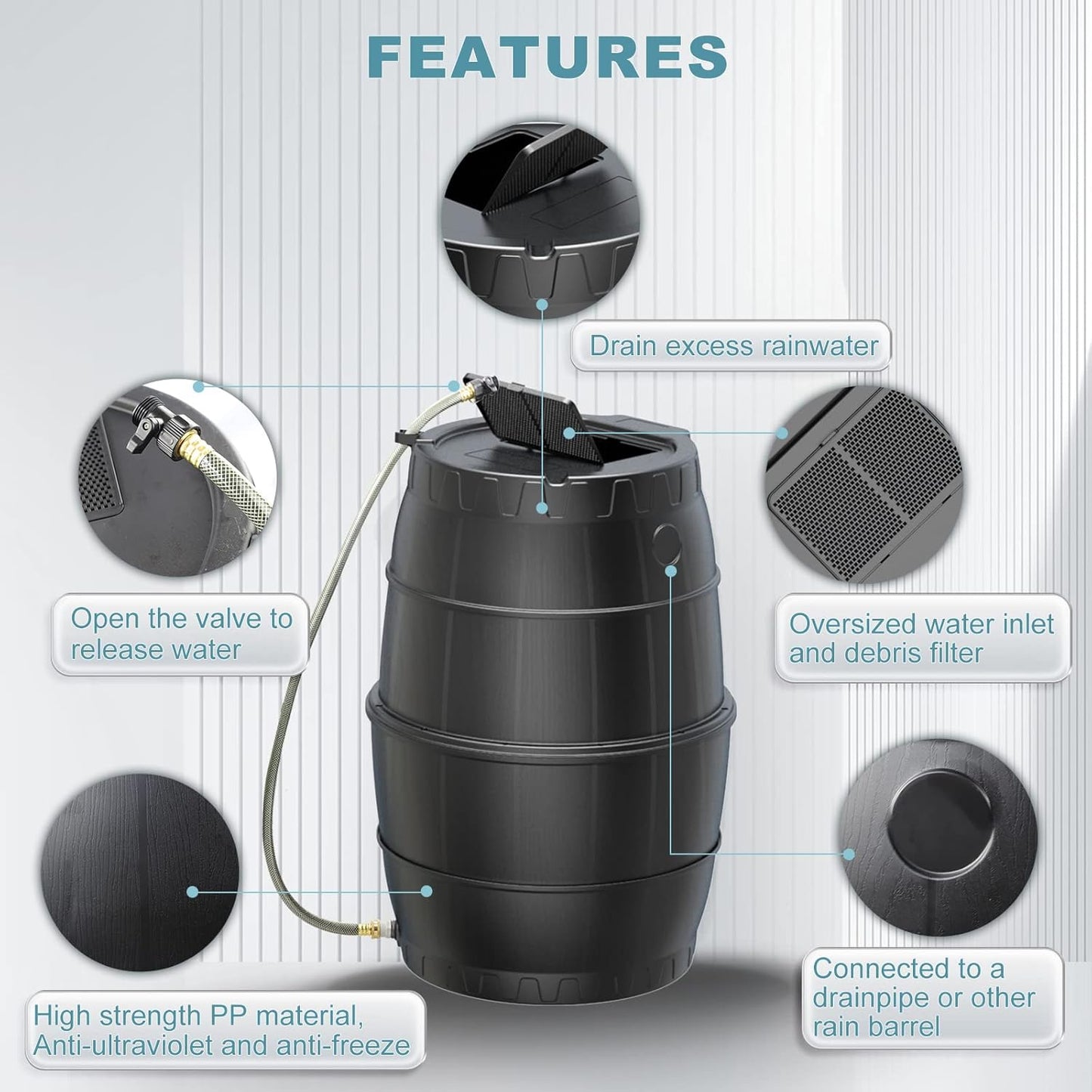 SQUEEZE master 50 Gallon Rainwater Collection Barrel Without Stand-BPA Free Home Rain Catcher with Water Diverter, Outlet Hose-Flatback Designed Water Storage Collection Barrel for Gardens and Plants
