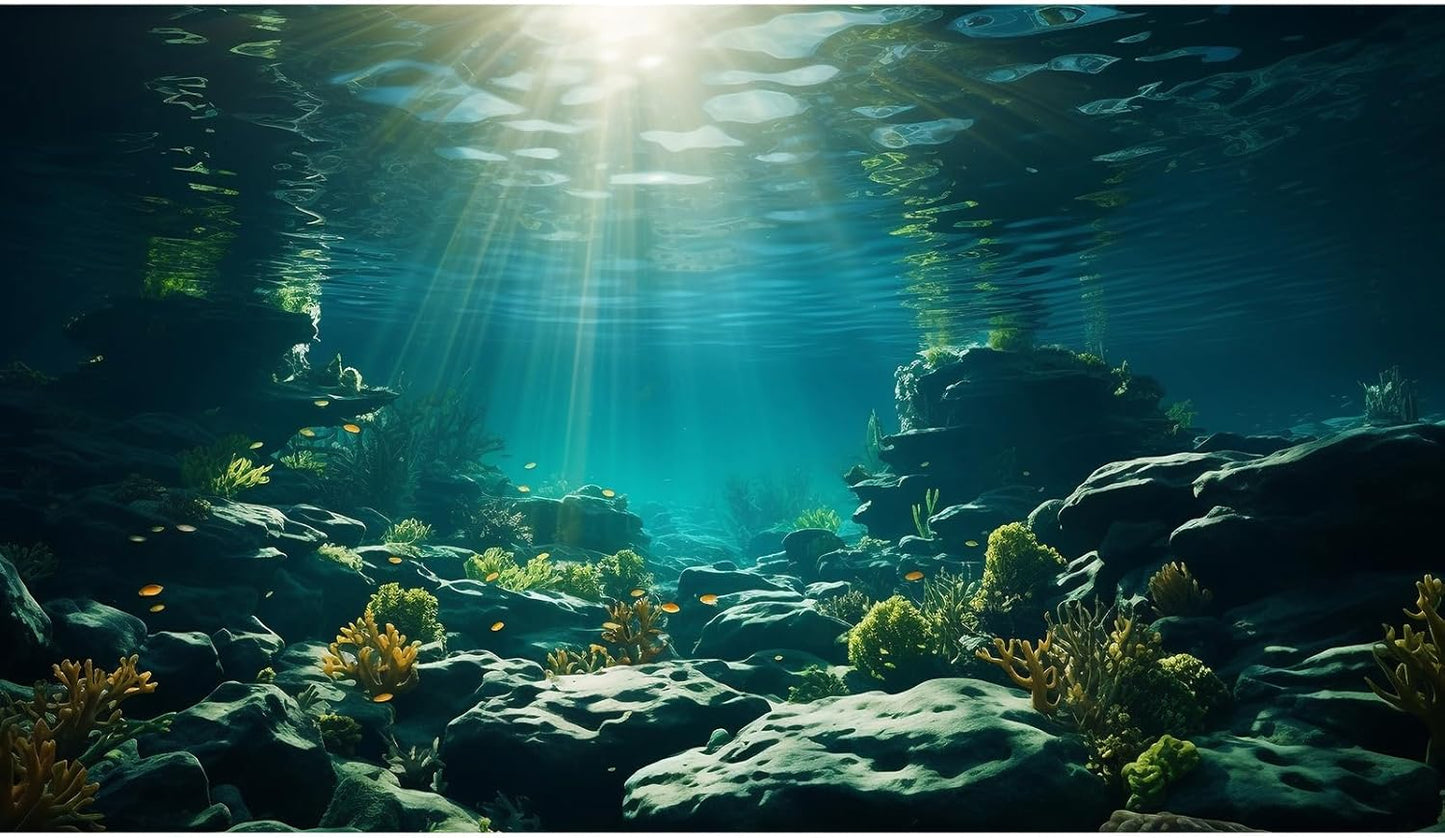 Aquarium Background Underwater Aquatic Plants Rocks Fish Terrarium Backdrop Sunlight Rays Coral Fish Tank Background Cave Style Landscape Sea Grass Tank Wallpaper Poster Vinyl 72x24in