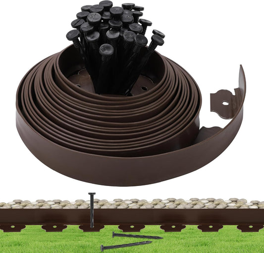 2" x 33FT Landscape Edging Kit, Garden Edging Coil Comes with 30 Pcs Spikes, No Dig Lawn Border Design, Brown
