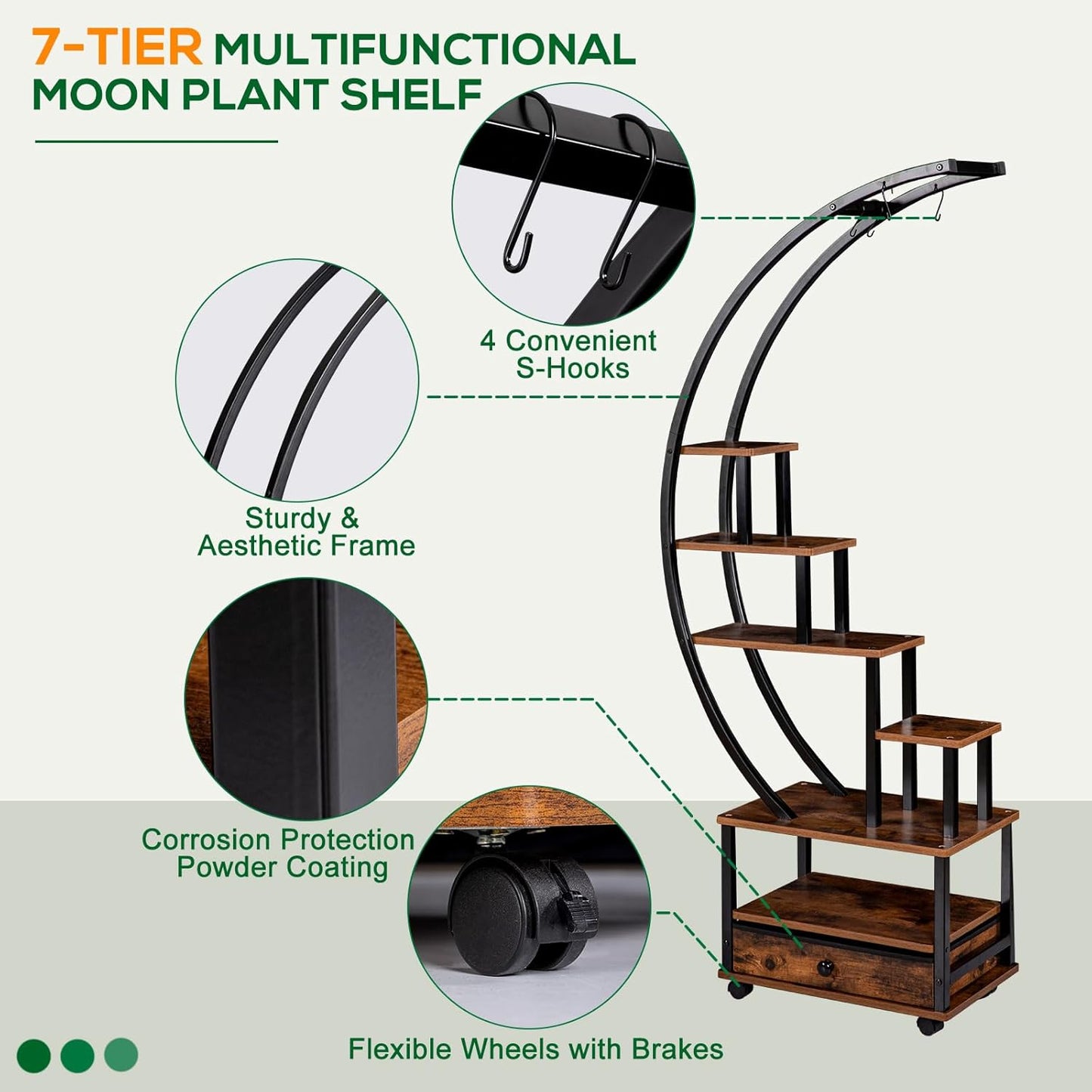 71” Tall 2 PCS Half Moon Indoor Plant Stand with Lockable Wheels, 14-Tier Plant Shelf with Drawer & Accessories, Plant Holder Display Rack for Multi-plants, Plant Rack for Balcony Living Room