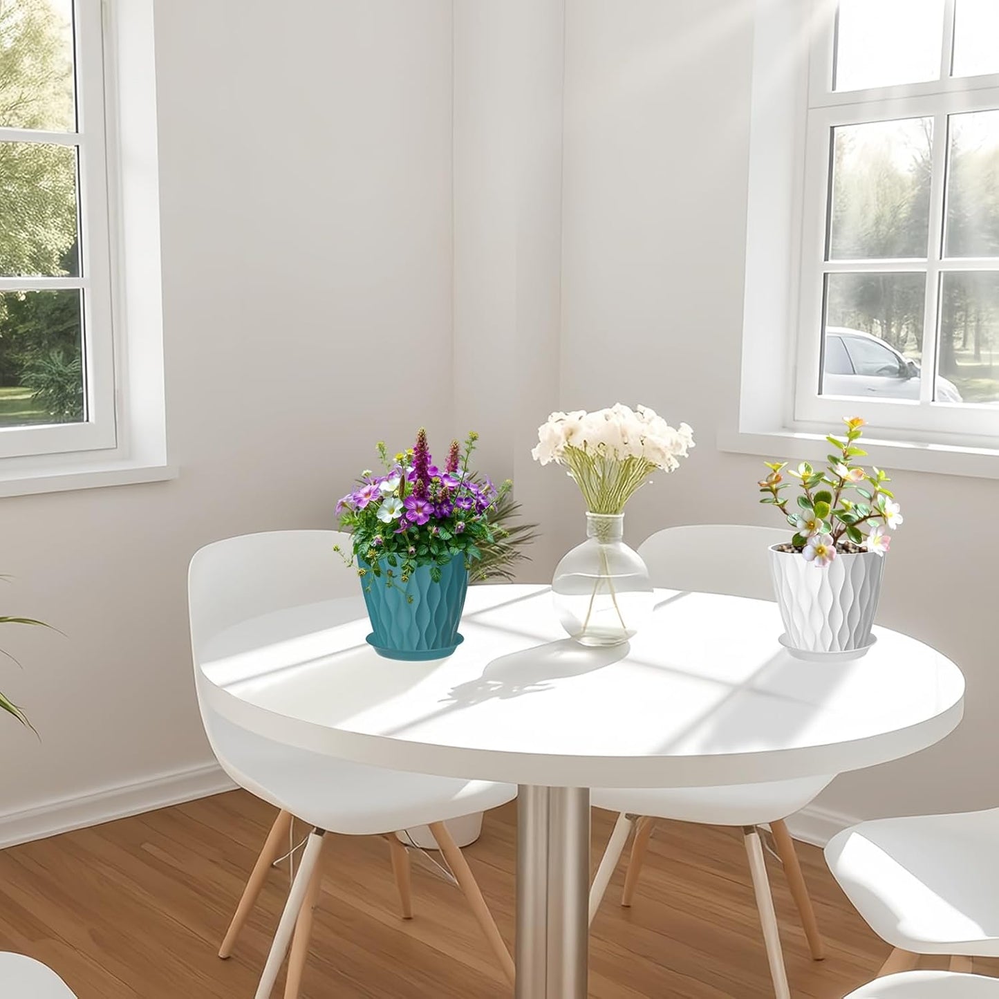 10 Pack 5 Inch Plant Pots with Drainage and Saucers, Multicolour Plastic Flower Pots for Indoor and Outdoor Plants, Stackable Nursery Planters for Houseplants and Herbs, Multicolour