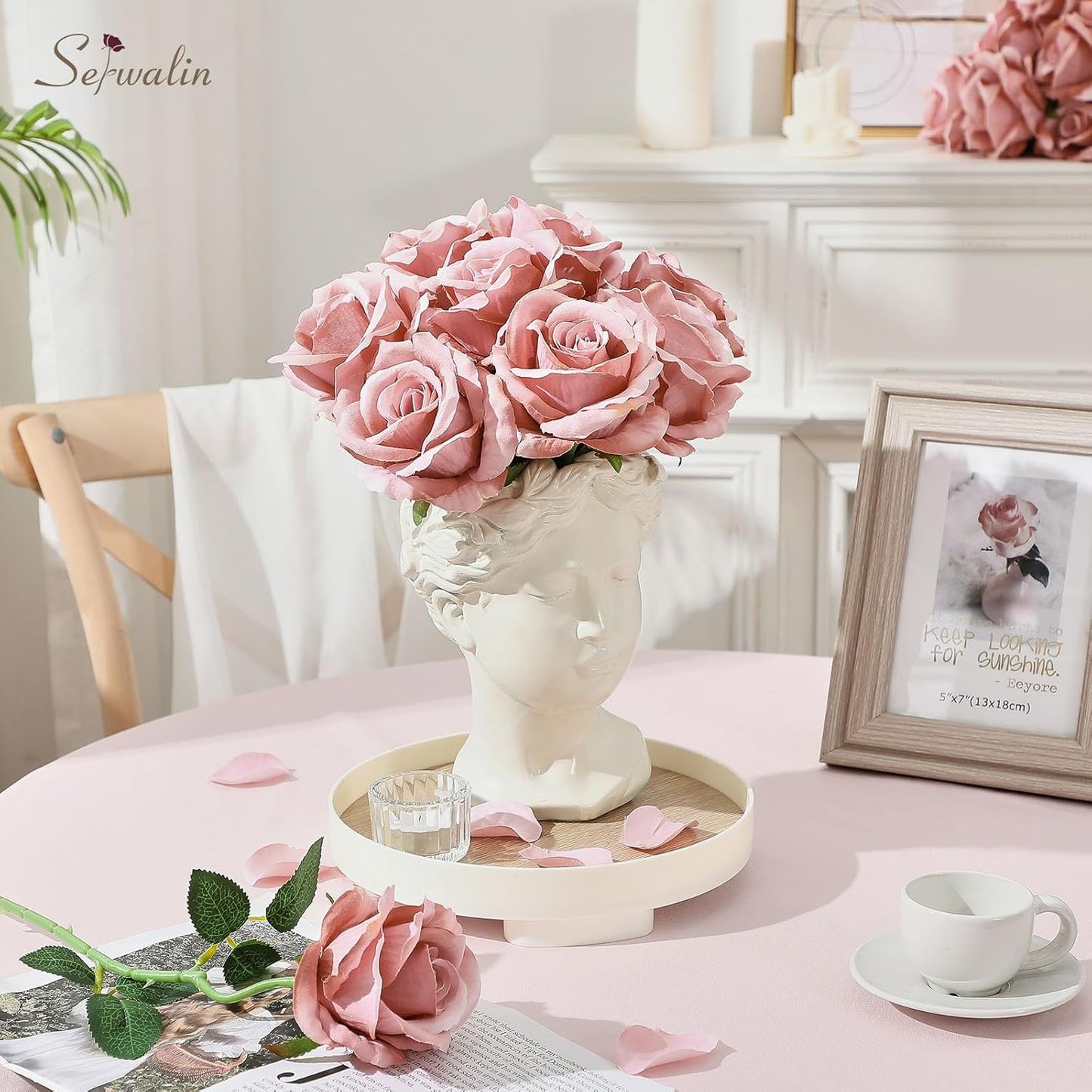 Serwalin 20PCS Artificial Roses, 4'' Big Flower Head, Dusty Pink Velvet Long Stem Roses, Silk Fake Roses Bouquet for Wedding Home Decor and Table Centerpiece