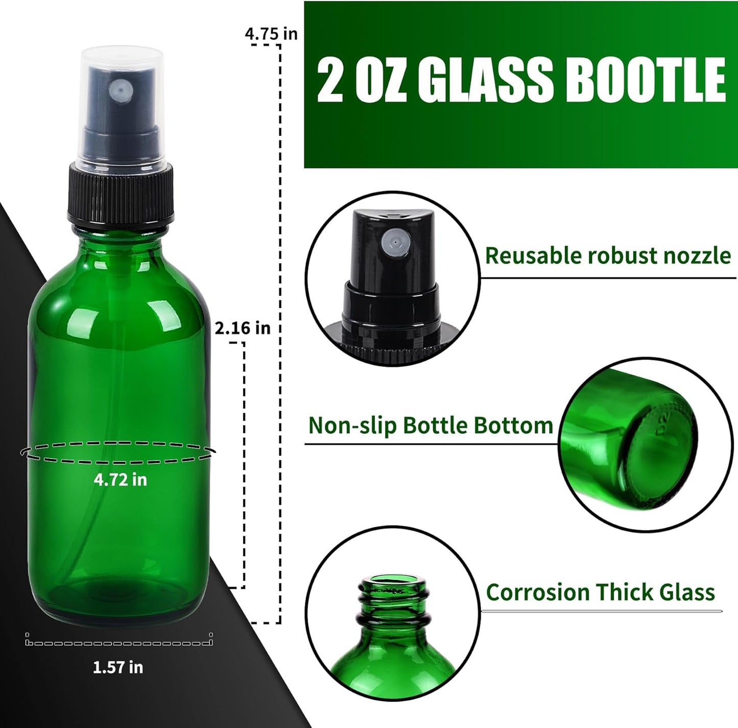2 oz Glass Spray Bottles, Reusable Fine Mist Sprayer Small Spray Bottle, Leak-Proof Design, Perfect for Travel, Skin Care, Perfumes, Botanical, Cleansing (Green, 2oz-12pcs)