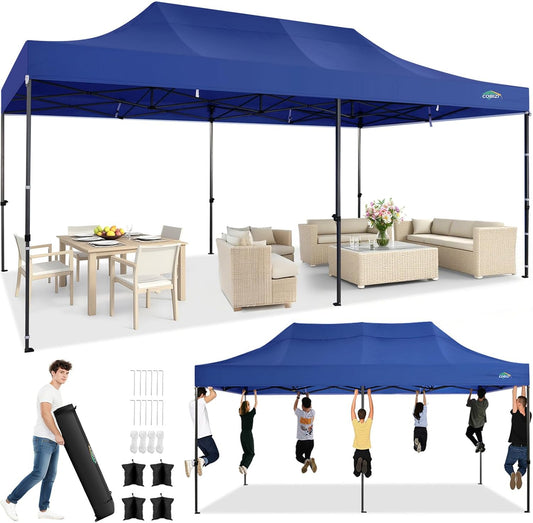 COBIZI 10x20 Pop up Canopy Heavy Duty Without Sidewalls, Easy Set-up Commercial Outdoor Party, 100% Waterproof Wedding Canopy Gazebo, 3 Height Adjustable with Wheeled Bag, Dark Blue
