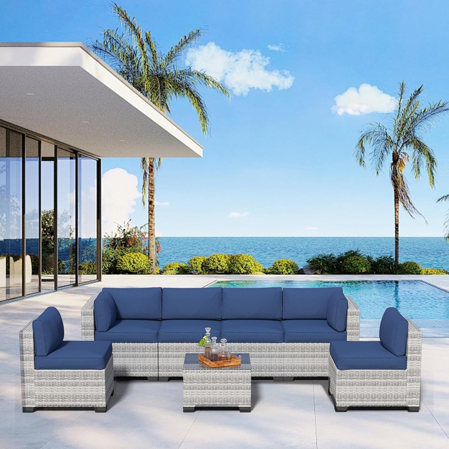 7 Piece Patio Furniture Set, Rattan Outdoor Patio Conversation Sets, Outdoor Sectional Furniture with Waterproof Cushion and Coffee Table, for Deck, Backyard, Garden, Dark Blue