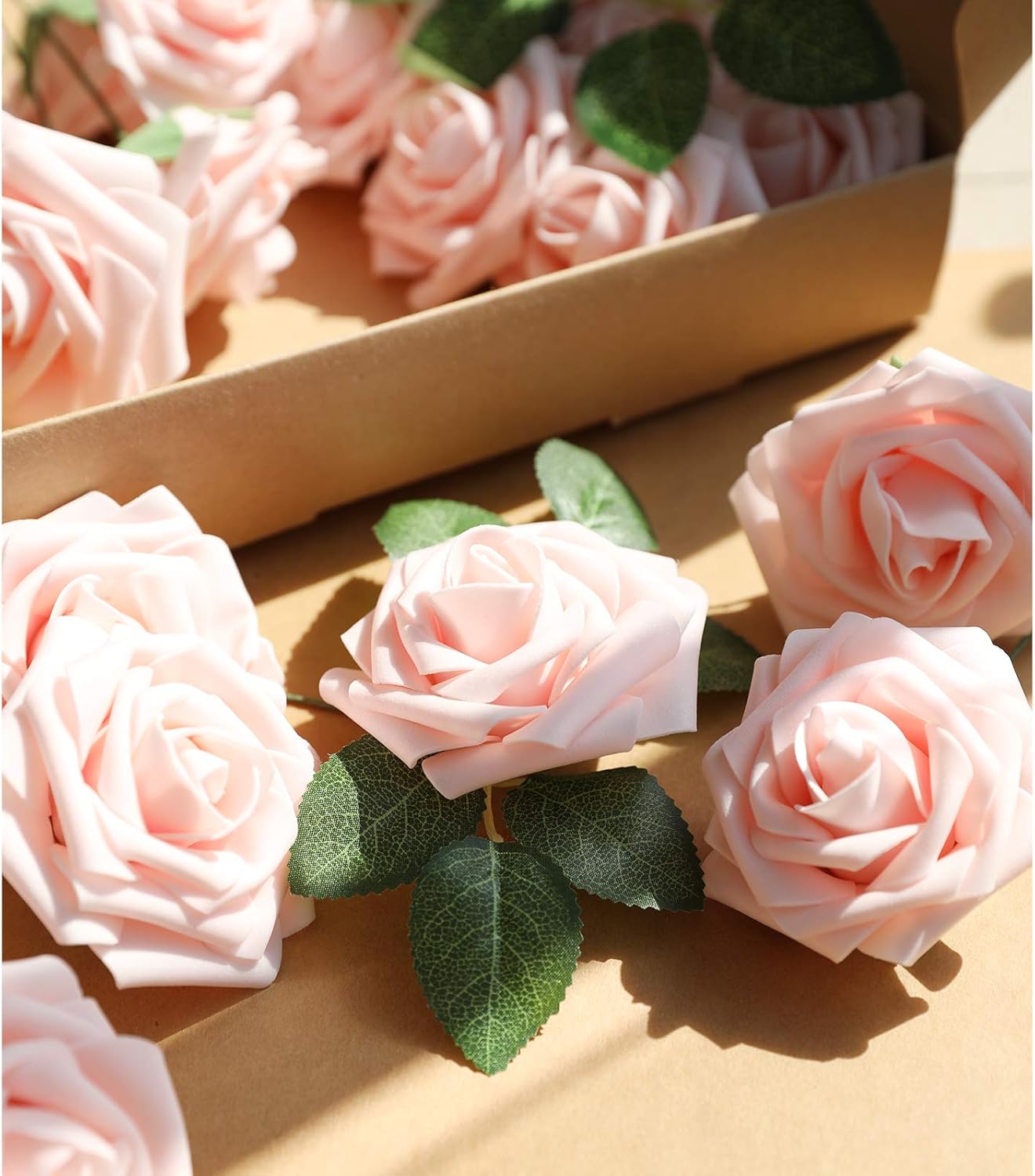 AmyHomie Artificial Flower Blush Pink Rose 50pcs Real Looking Fake Roses w/Stem for DIY Wedding Bouquets Centerpieces Arrangements Party Baby Shower Home Decorations