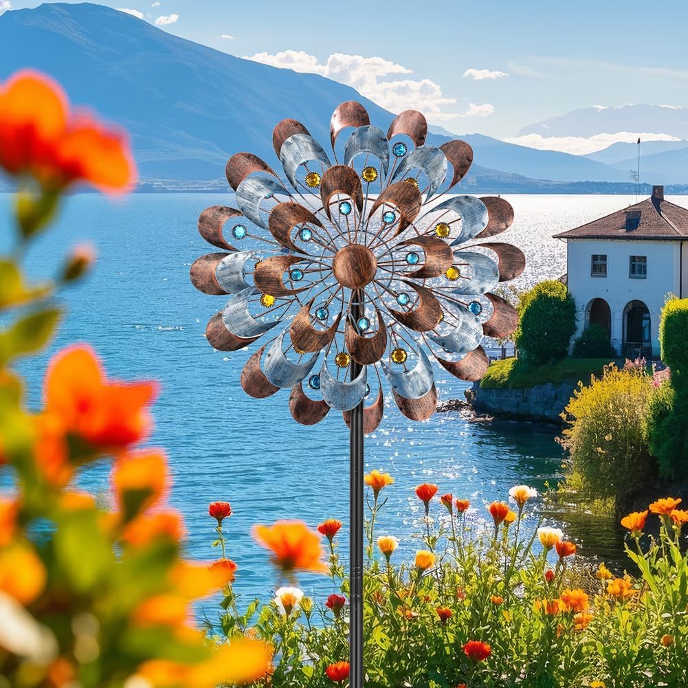 DREAMYSOUL Wind Spinner Outdoor Clearance, 20" Dia Large Metal Windmills with Blue and Copper Blades, Kinetic Wind Spinners & Sculpture for Yard and Garden