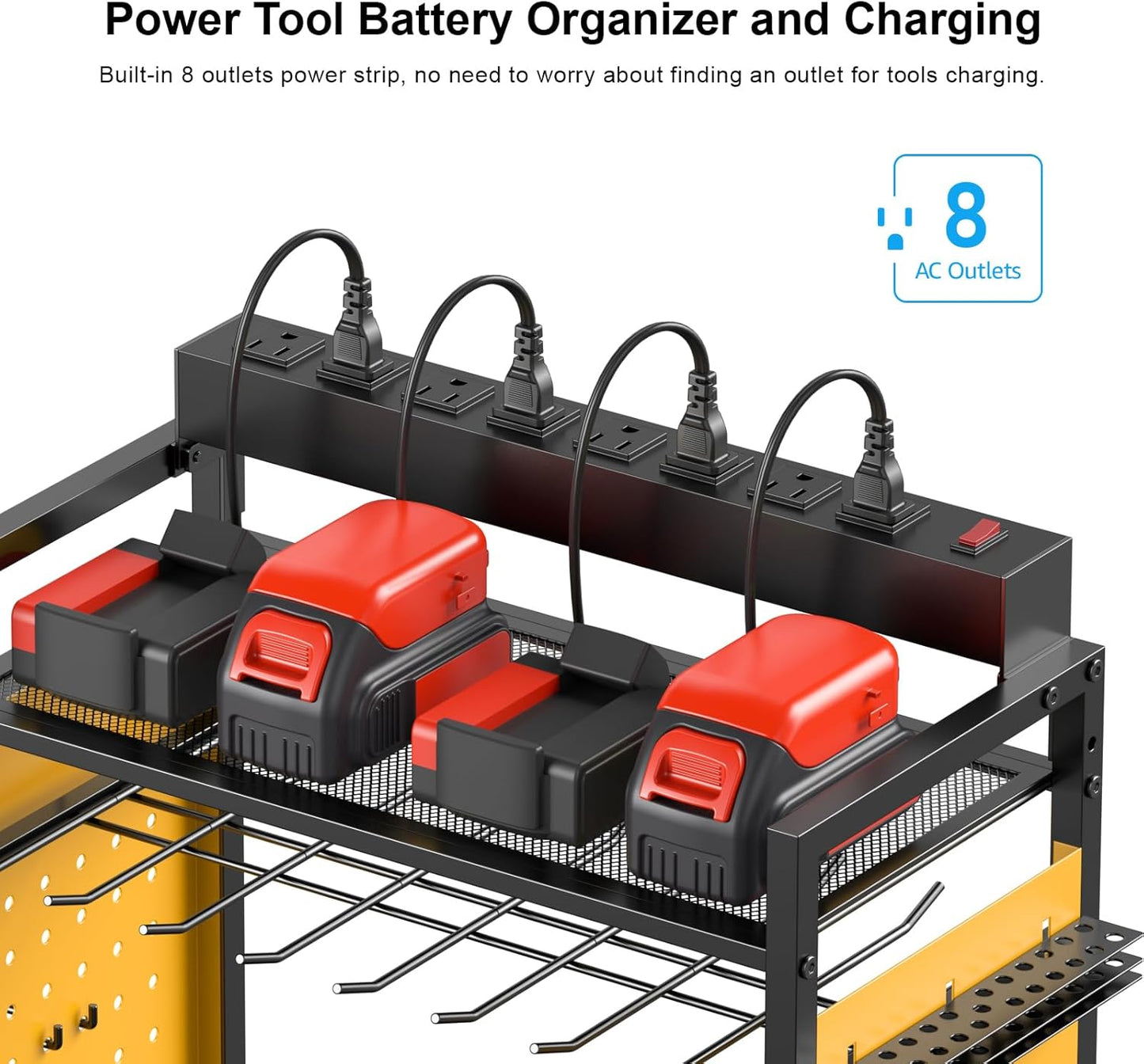 CCCEI Garage Power Tools Organizer Cart with Charging Station, Black Floor Standing Rolling Drill and Tools Battery Storage Cart on Wheels. Yellow Utility Rack Gift for Men, Husband, Father.