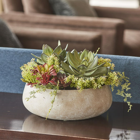 Round Faux Succulent Arrangement, 14" Premium Artificial Indoor Plant Enhances Interior Design, Display on Any Surface in Your Home Adding an Inviting Touch of Nature, Natural Planter Pot Included