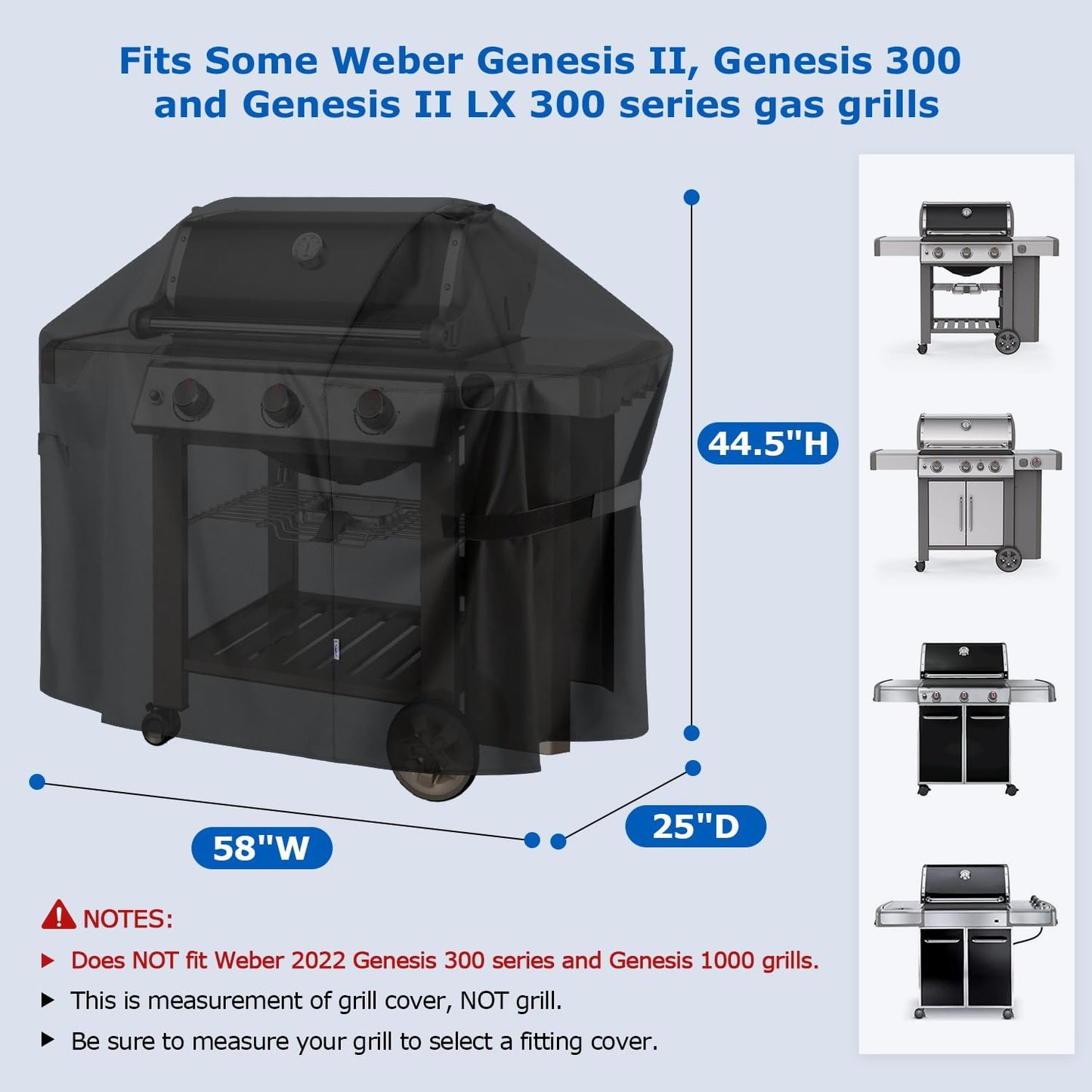 SunPatio 58 Inch Outdoor Grill Cover, Compatible for Weber Genesis II, Genesis 300 and II LX 300 Series Gas Grills, Heavy Duty Waterproof Barbecue Cover, Compared to Weber 7130, 58"W x 25"D x 44.5"H