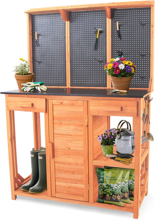 Outdoor Potting Bench,Wooden Potting Table with Metal Tabletop,Garden Work Bench with Drawer and Free Matching Storage Cabinet Shelf/Hooks for Backyard,Patio,Greenhouse (Black, 40 * 59 * 20in)