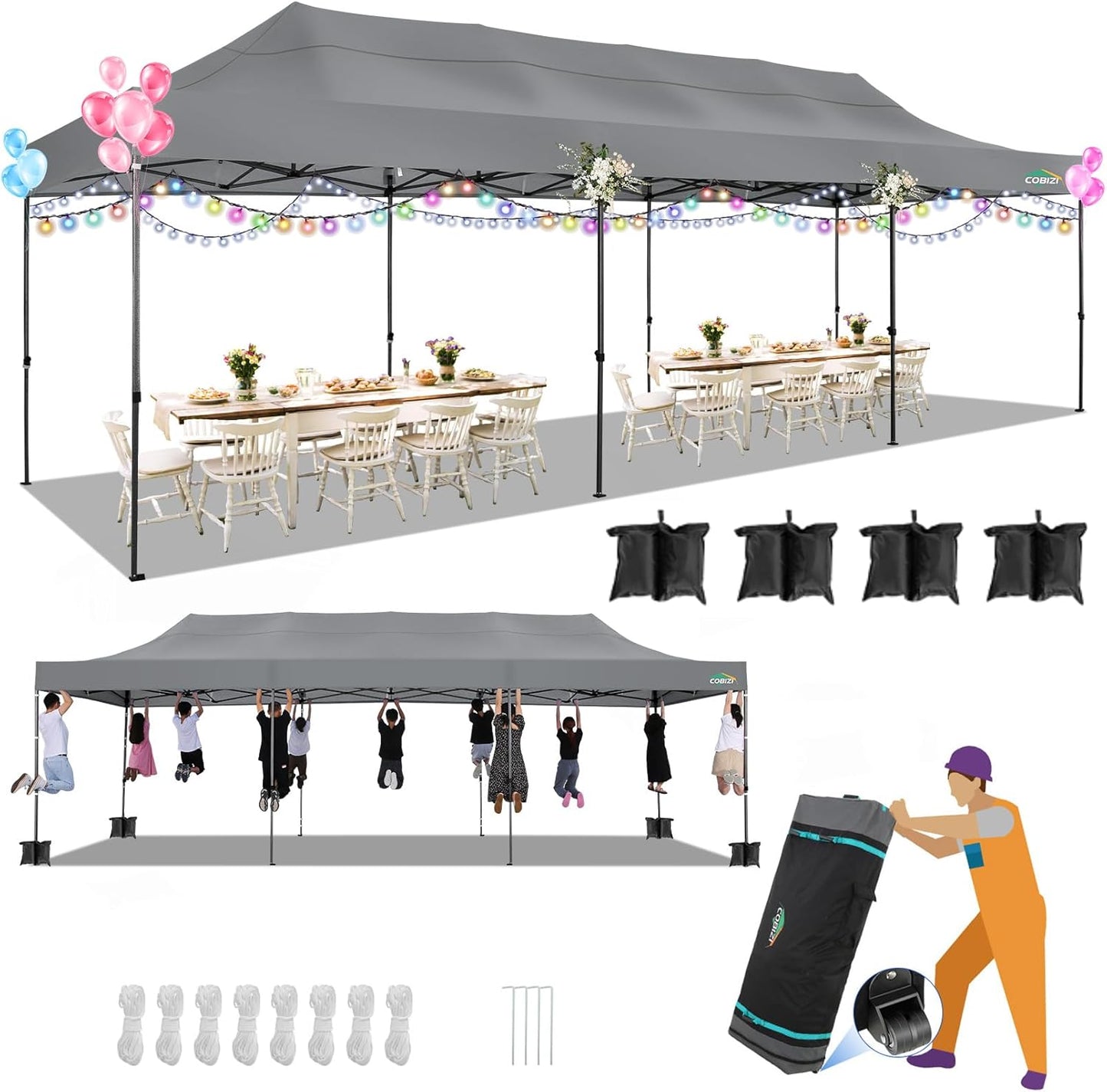 COBIZI 10x30 Pop up Canopy, Heavy Duty Outdoor Party Tents for Parties, Ez up UPF 50+ Waterproof Commercial Canopy with Wheeled Bag can fold, Gray(Windproof Upgraded)