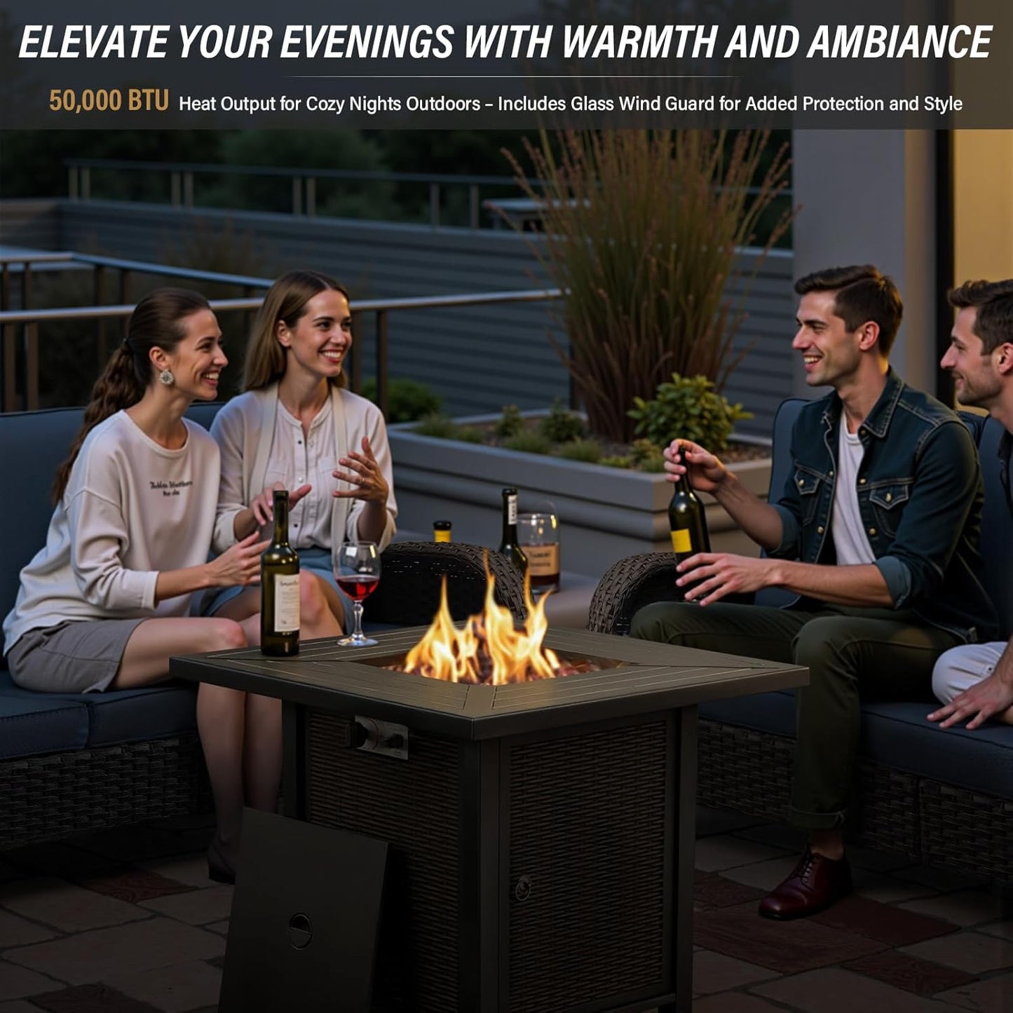 5 Pieces Outdoor Patio Furniture Set with 50000 BTU Propane Fire Pit Table, Deep Seating Wicker Swivel Rocker Chairs and Loveseat Glider Patio Conversation Set for Deck Poolside Backyard