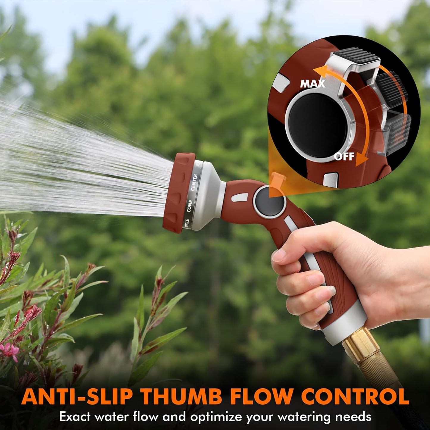 RESTMO Hose Nozzle Heavy Duty, Metal Water Hose Sprayer for Garden, 9 Spray Patterns | High Pressure | Thumb Flow Control | On/Off Valve, Ideal for Lawn & Plant Watering, Car & Pet Washing, Red