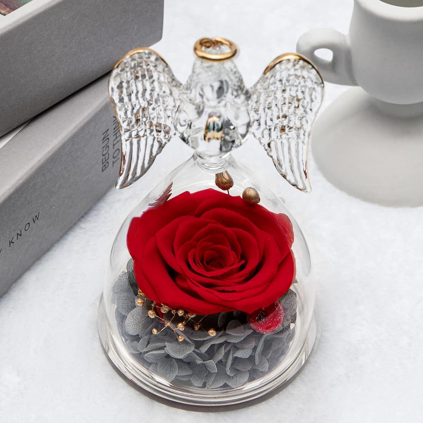 Yamonic Mom Birthday Gifts for Mom, Angel Figurines with Real Rose Gifts for Her Mom Grandma,Preserved Flowers Rose Angel Figurines for Mothers Day Christmas Anniversary Birthday Gifts for Her (Red)