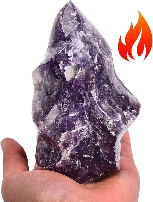 AMOYSTONE Purple Lepidolite Crystals Tower Flame Shaped Stone Energy Meditation Healing Crystal Home Decor 1.0-1.5 Pound