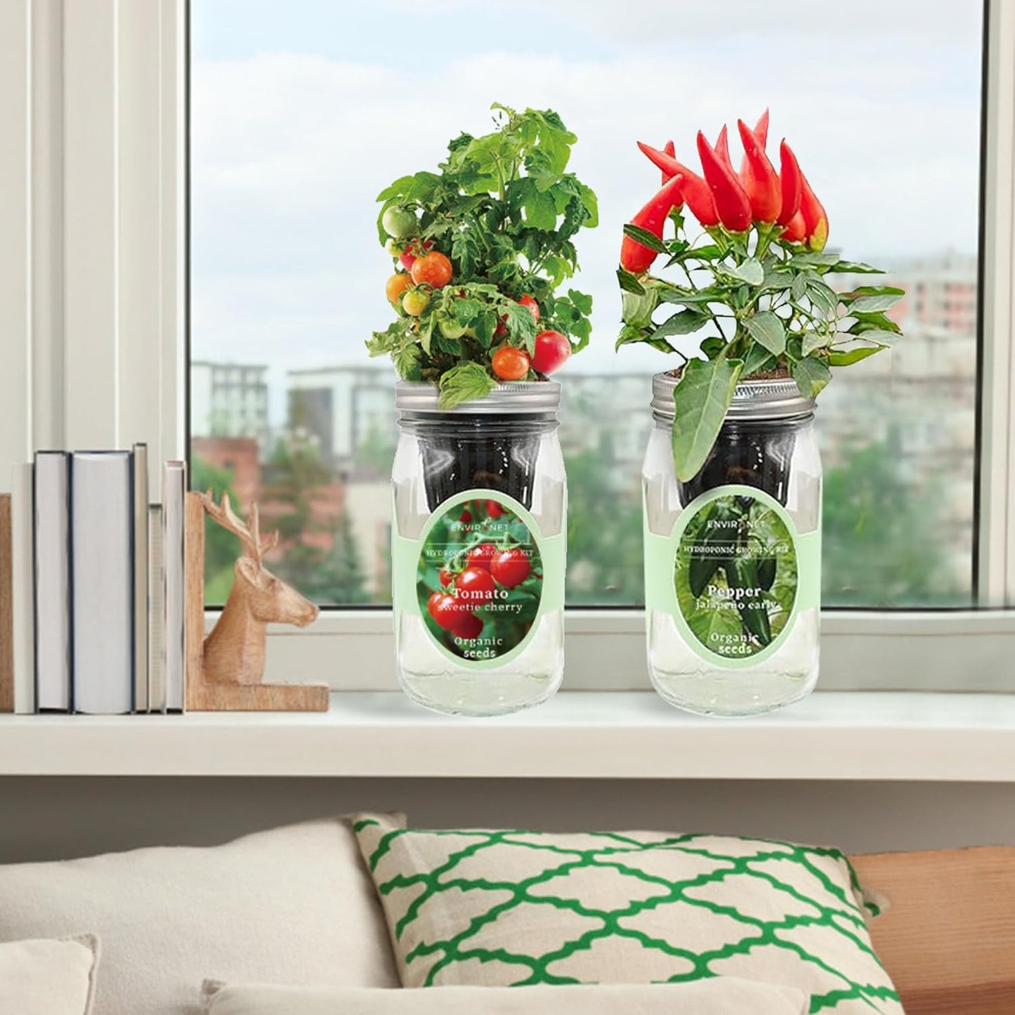 2-Pack Hydroponic Mason Jar Herb Garden Kit, Indoor Herb Garden Self-Watering Starter Kit (Cherry Tomato,Pepper)