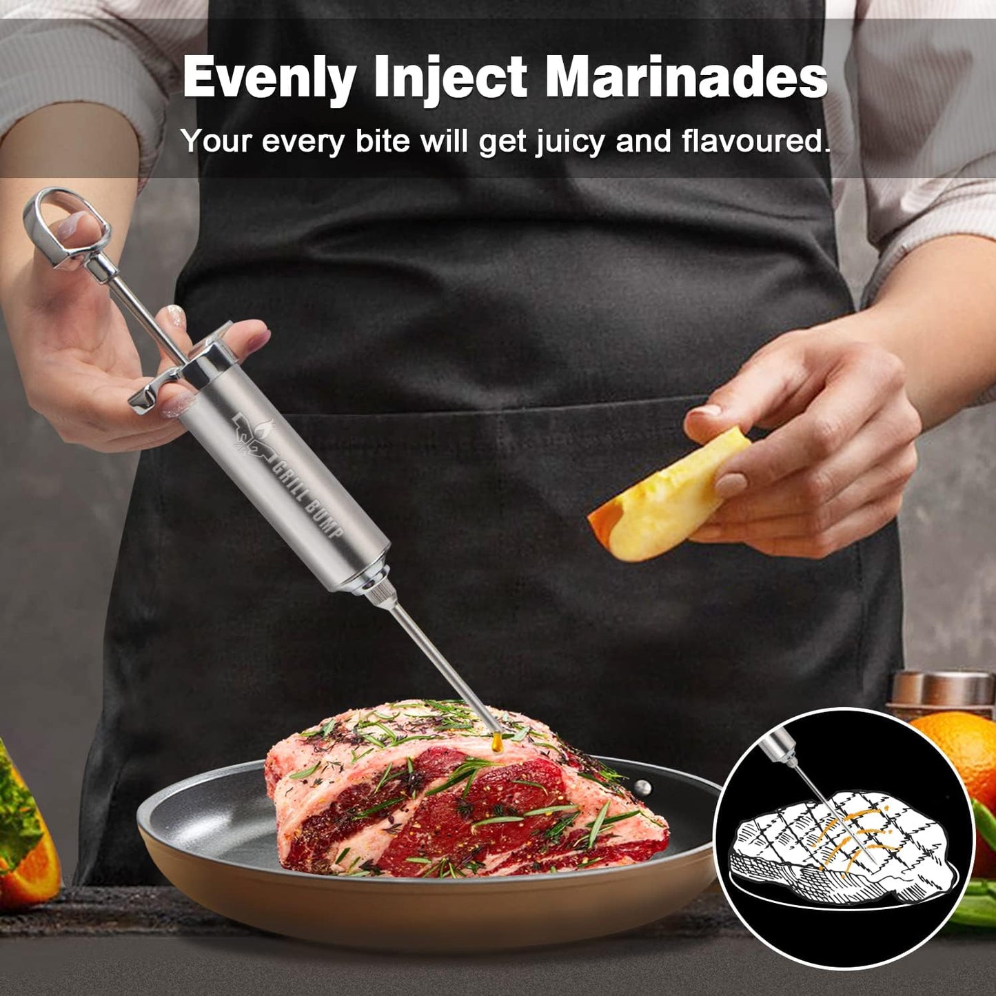 Meat Injector Syringe Kit with 3 Professional Marinade Injector Needles for BBQ Grill Smoker, Turkey and Brisket; 2-oz Large Capacity, Including Paper User Manual, Recipe E-Book (PDF)