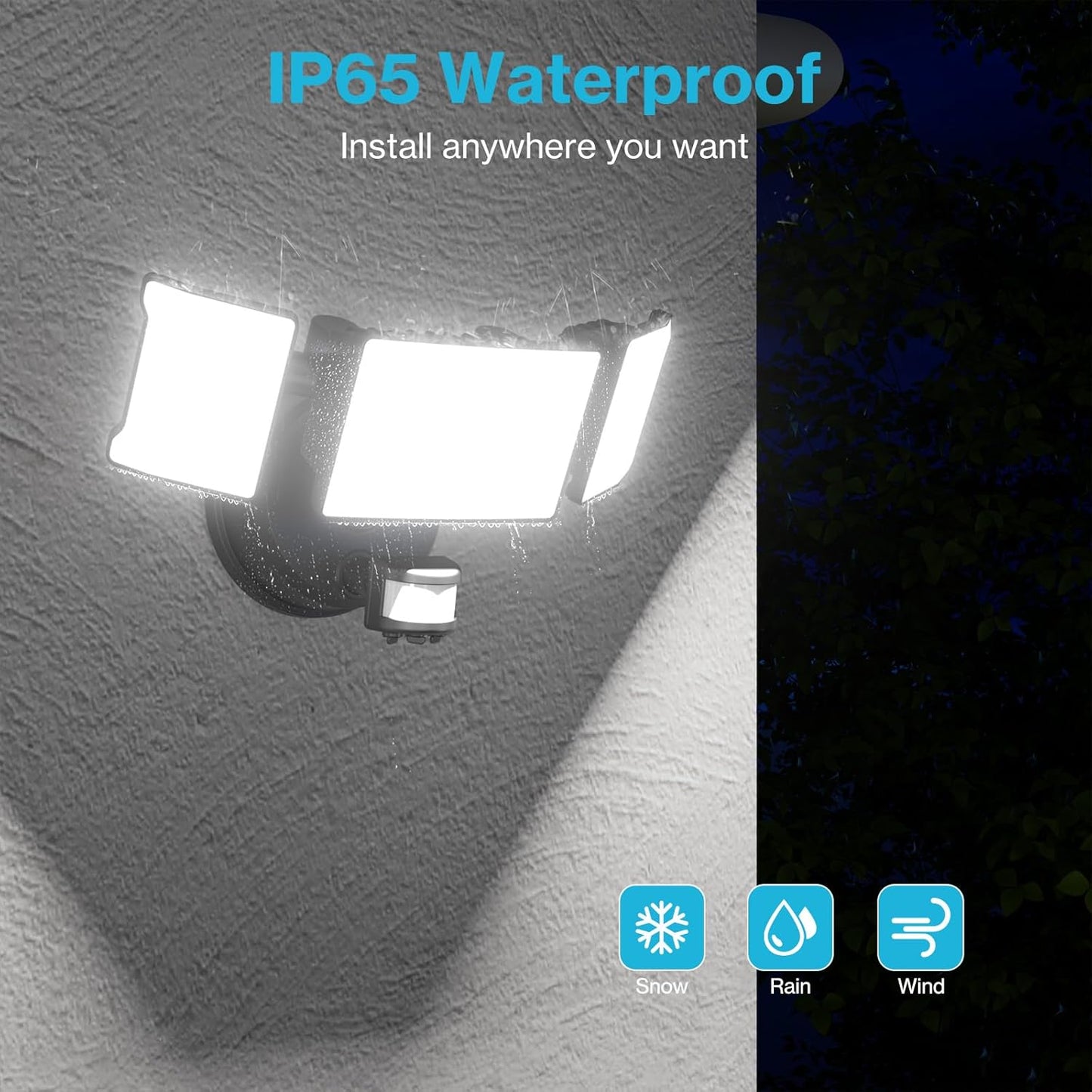 Olafus 65W Motion Sensor Outdoor Light, 2 Pack LED Security Light 6000LM, 6500K Exterior Motion Flood Light with 3 Adjustable Heads, for Outside Garage, Yard, Patio, IP65 Waterproof, Black