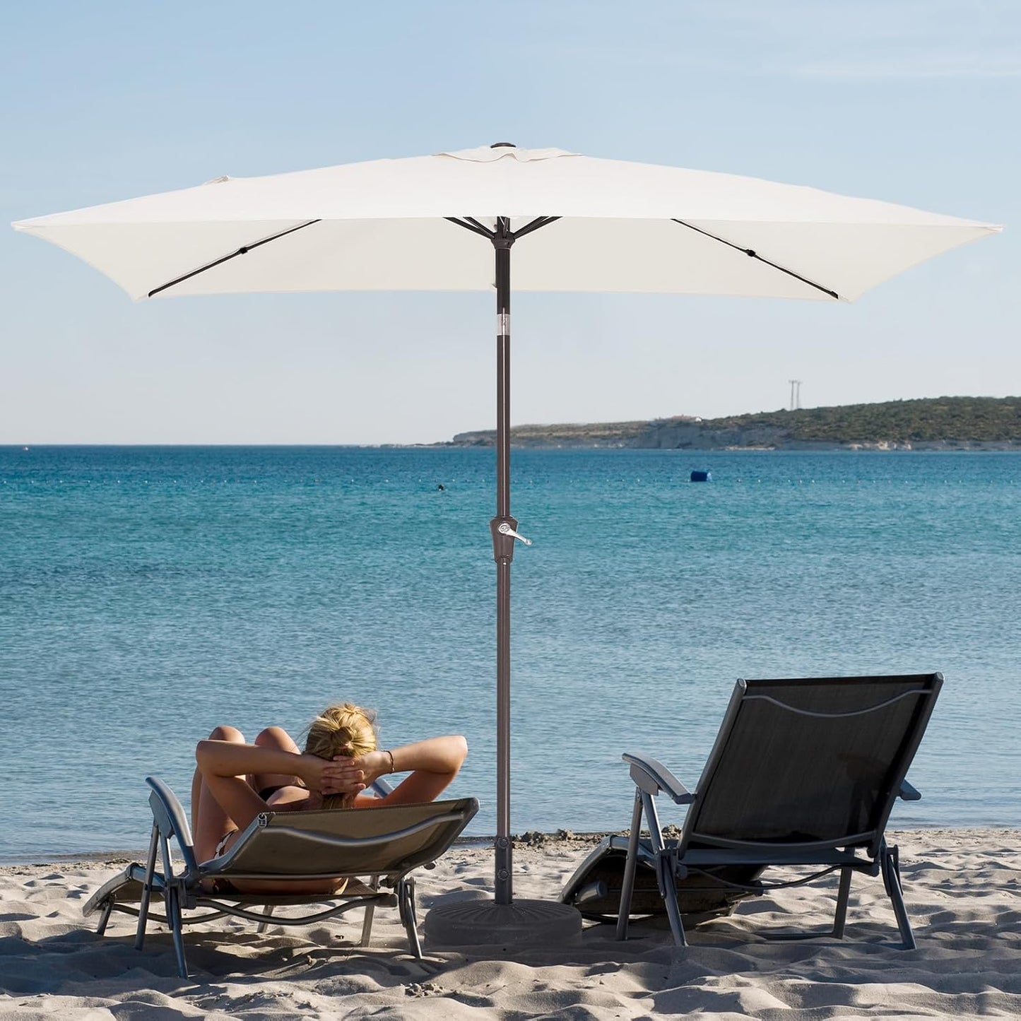 JEAREY 6.5x10 ft Rectangular Patio Umbrellas Outdoor Market Umbrella with Push Button Tilt and Crank, Rectangle Table Umbrella 6 Sturdy Ribs UV Protection for Pool Garden Backyard Deck, Cream-White