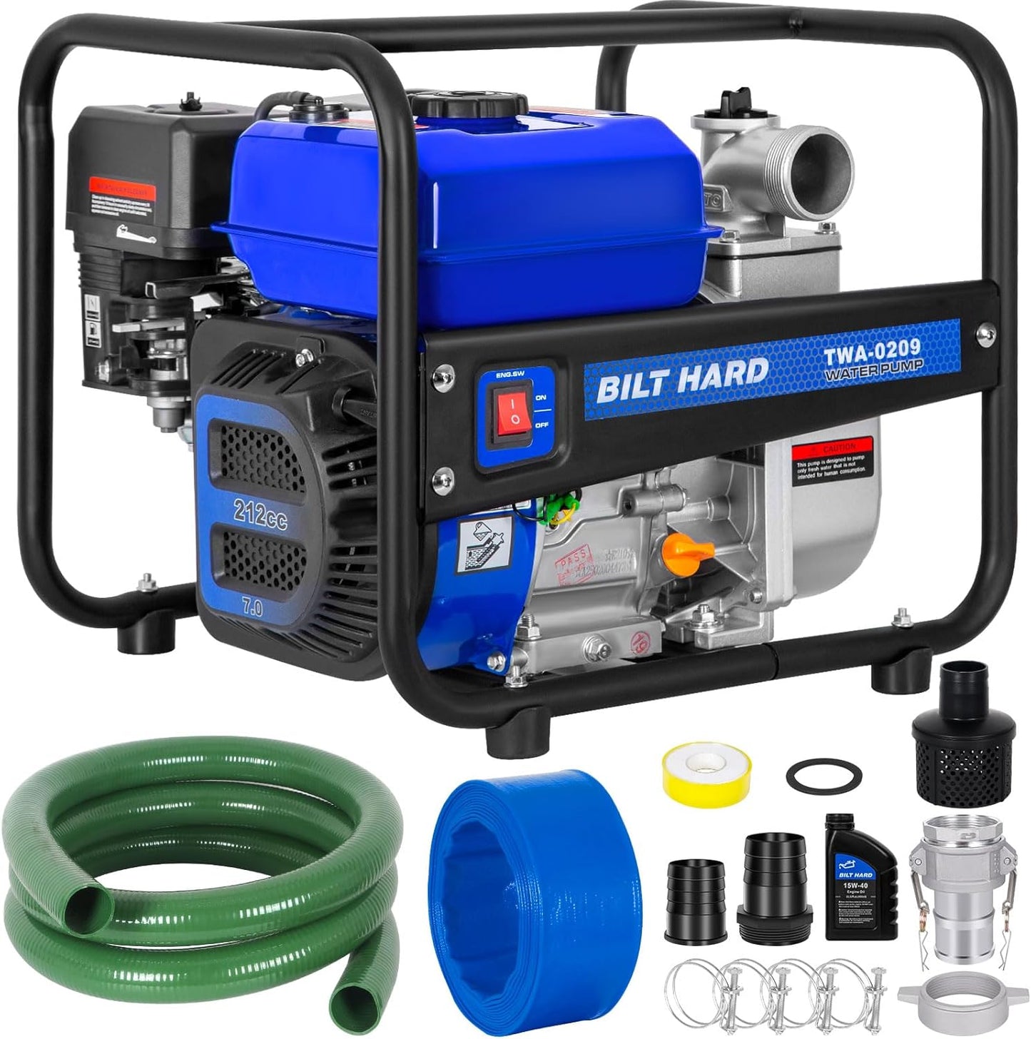 BILT HARD Semi Trash Pump 2 inch, 158 GPM 7HP Gas Powered Water Pump, 212cc 4-Cycle Engine with 50 ft Discharge Hose, 12 ft Suction Hose and Complete Fittings, EPA Certified