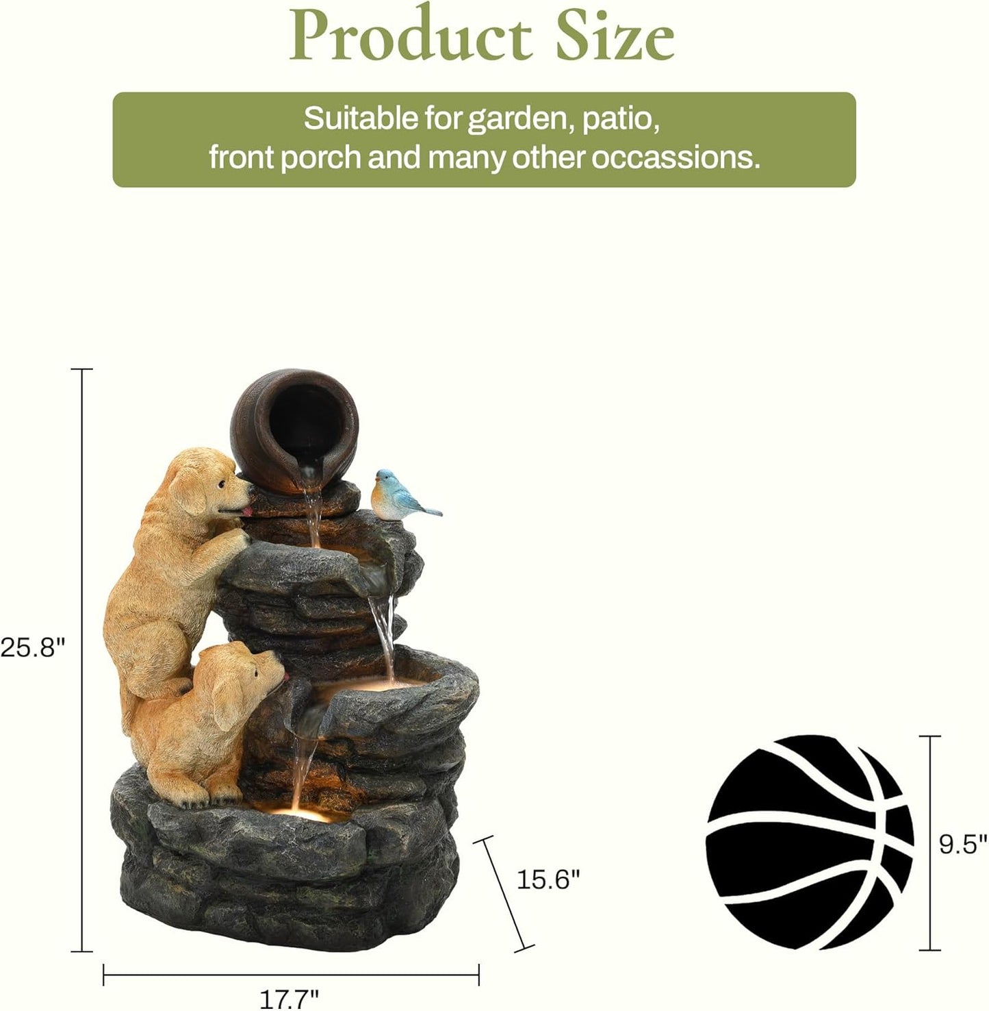 LuxenHome Outdoor Water Fountain, 26 Inch Puppy and Rock Resin Water Fountains Indoor with LED Lights, Farmhouse Waterfall Outdoor, Indoor Fountains and Waterfalls for Patio, Garden Decor